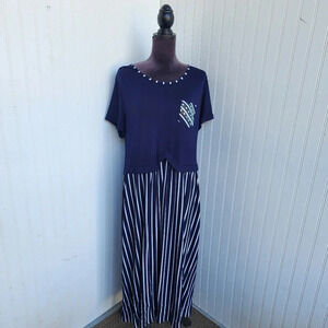 Showcase Womens Navy White Striped Nautical Maxi Dress Stretch Sz XXL